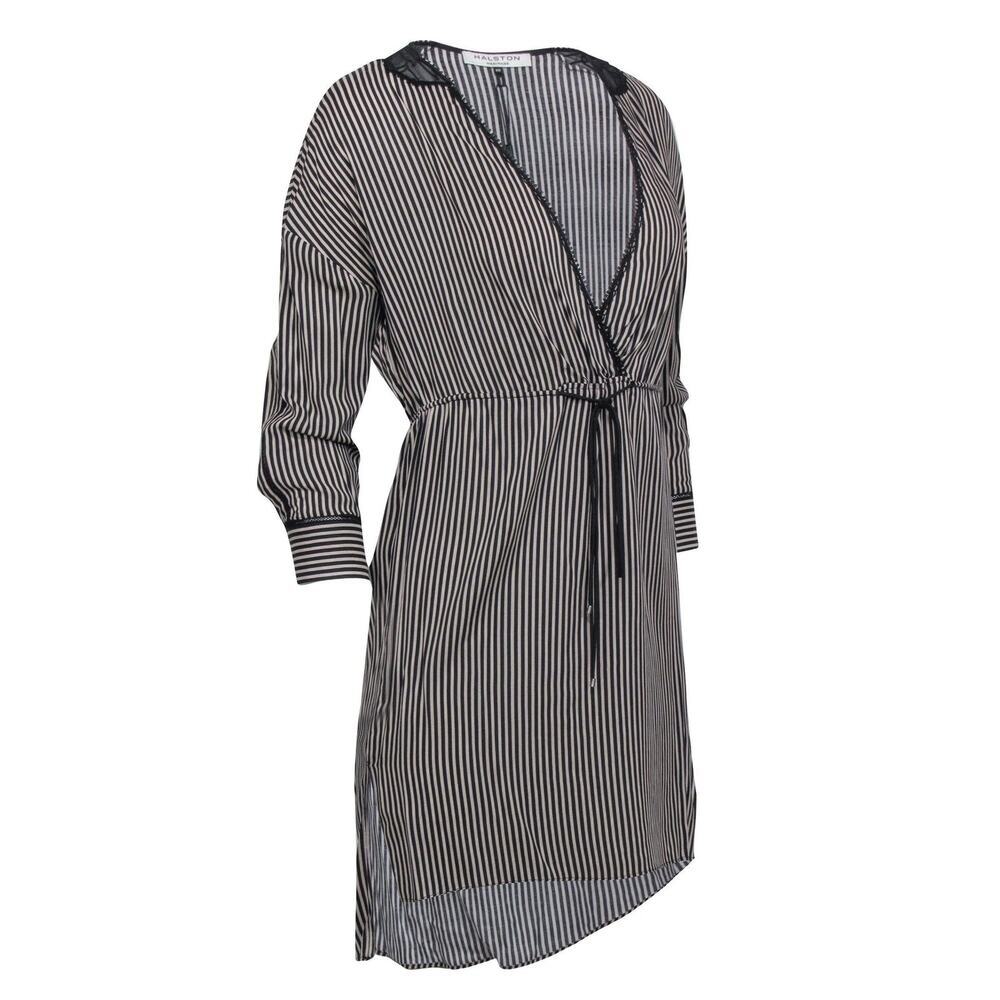 Halston Heritage Black & Cream Stripe Drawstring Dress Sz M v neck lightweight